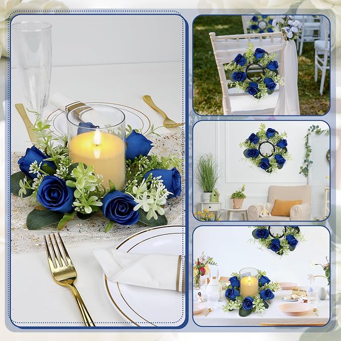 6 Sets Artificial Roses Candle Rings - Roses Floral Rings Wreaths with LED Candles Eucalyptus for Centerpieces Table Cabinets Front Doors Wedding Home Party Decor - Royal Blue