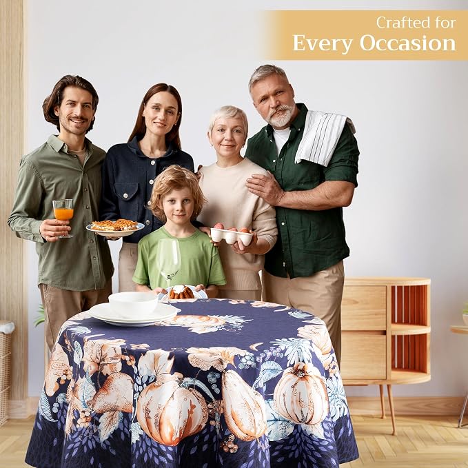 Maison d' Hermine Table Cloth Round Table 100% Cotton 63 Inches Fall Tablecloth Reusable Everyday Use for Thanksgiving Christmas Decorations Dining Farmhouse Party (Pumpkin Blues)
