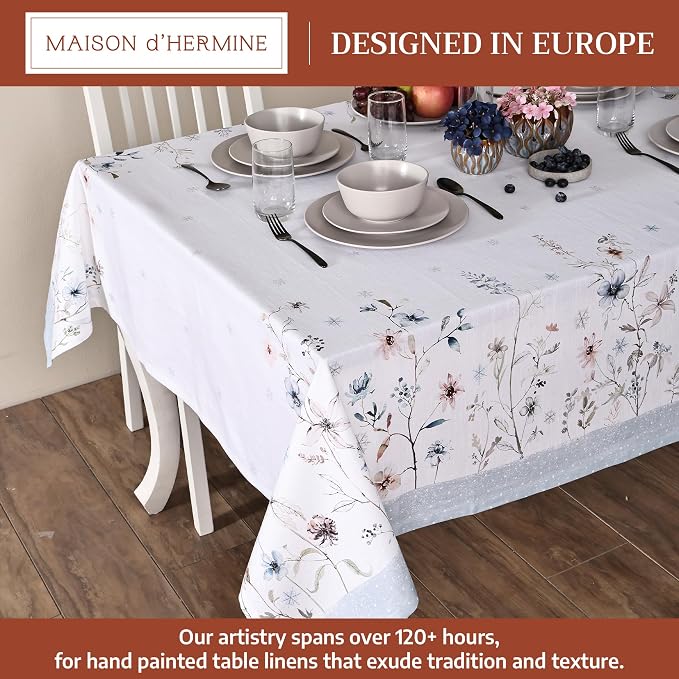 Maison d' Hermine Table Cloth Rectangle Table 100% Cotton 60 x 90 Inches Fall Tablecloth Reusable Everyday Use for Thanksgiving Christmas Decorations Dining Farmhouse Party (Ice Florals)