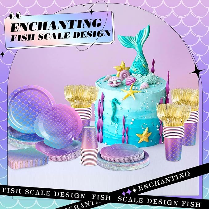 Blushtier 120 Pcs Mermaid Party Supplies Mermaids Themed Decorations Under the Sea Disposable Dinnerware Set Includes Plates Napkins Cups Fork for Birthday Party, Serves 24 Guests
