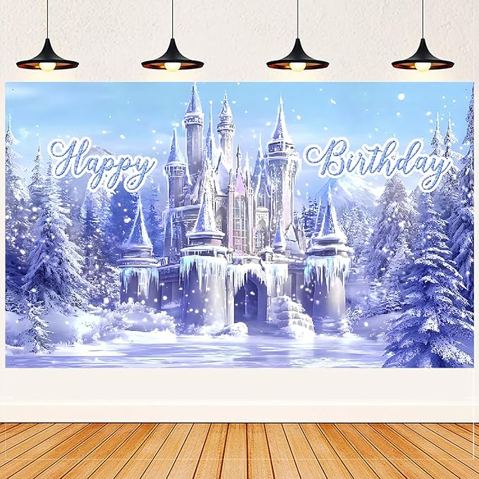 Ice Castle Themed Happy Birthday Party Decorations, Plates Napkins Cups Tableware, Winter Castle Backdrop Tablecloth, Happy Birthday Banner, Cake Topper, Colorful Printed Balloons for Kids Adults
