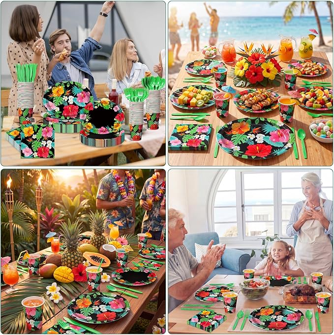 Pajean 350 Pcs Hawaiian Luau Party Supplies 12 in Disposable Tropical Aloha Oval Plates and Napkins Set Hibiscus Floral Heavy Duty Paper Tableware Set for 50 Guests Summer Pool Beach Party Decorations