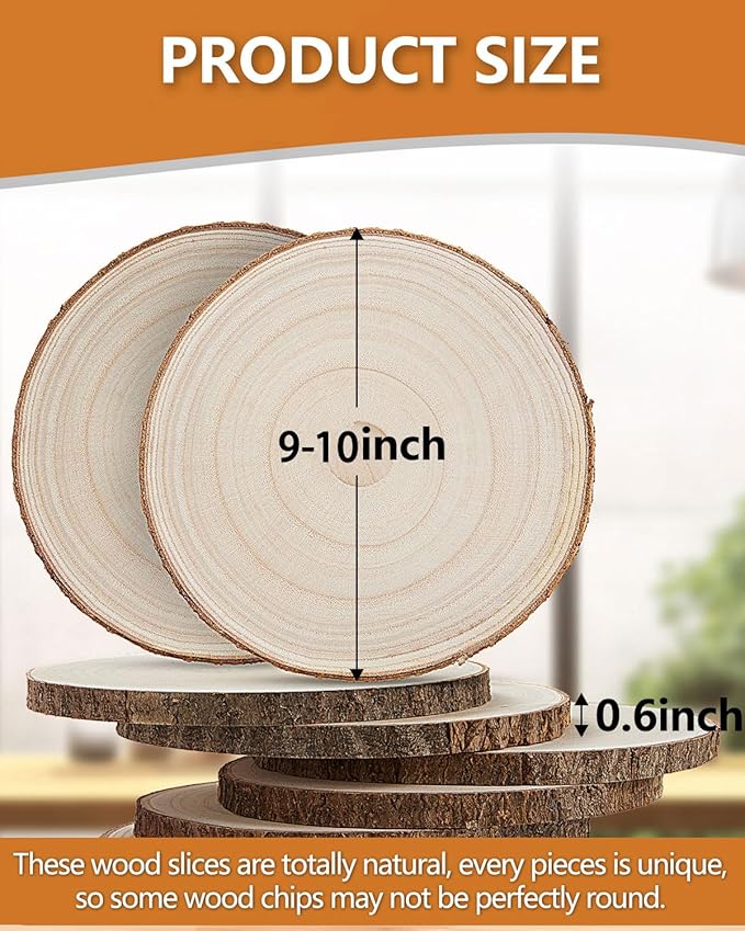 Set of (10) 9-10 Inches Wood Slices, Wood Centerpieces for Tables, Wood Slices for Centerpieces, Unfinished Wood Rounds for Rustic Wedding, Baby Shower, Party, Natural Paulownia Slabs