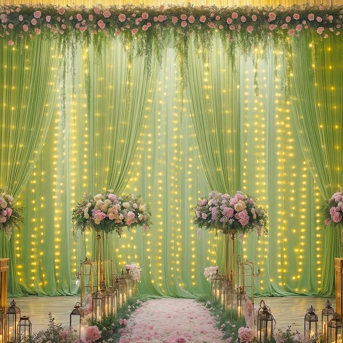 6 Panels Sage Green Sheer Tulle Backdrop Curtains with Lights for Party Wedding Wrinkle Free Curtain Backdrops Drapes for Baby Shower Birthday Photo Back Drop Background Home Decorations 30ft x 8ft