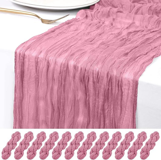 12 Pack Dusty Rose Cheesecloth Table Runner 120 inch Fall Thanksgiving Boho Rustic Gauze Farmhouse 10FT Cheese Cloth Runner for Baby Shower Wedding Party Holiday Home Decor