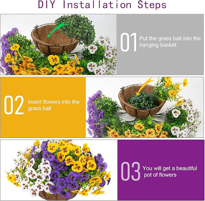 lovemoon 2 Sets Artificial Hanging Pansy Flowers with Baskets, 24 Pcs UV Resistant Faux Silk Pansy Outdoor Hanging Flower for Porch Patio Garden Home Spring Decor (2, White,Yellow,Purple)