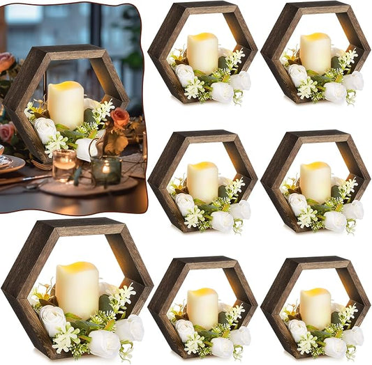 Colingmill 16 Pcs Wooden Candle Lantern Set Includes 8 Rustic Wedding Centerpieces for Table Decorative Candle Lanterns and 8 Flameless Decorative LED Candles for Wedding, Dark Brown, Hexagon