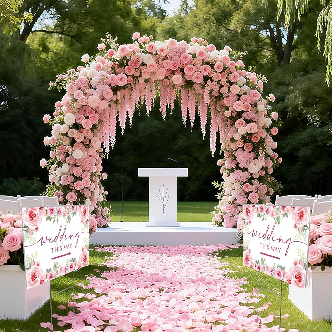 3 Pack 14.5” x 10.5” Wedding This Way Signs Double Sided Printed Wedding Direction Sign with Stakes for Ceremony Reception Lawn Yard Direction Arrow Signs Exquisite Plastic Rainproof Party Supplies,Rose Floral
