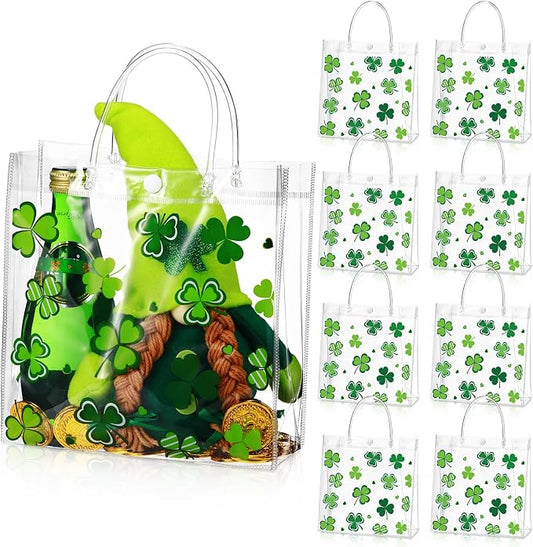 Hosuly 24 Pcs St. Patrick's Day Clear PVC Gift Bags with Handle Button Reusable Lucky Shamrock Candy Treat Goodie Bags for St. Patrick's Day Irish Theme Party Favors Supplies