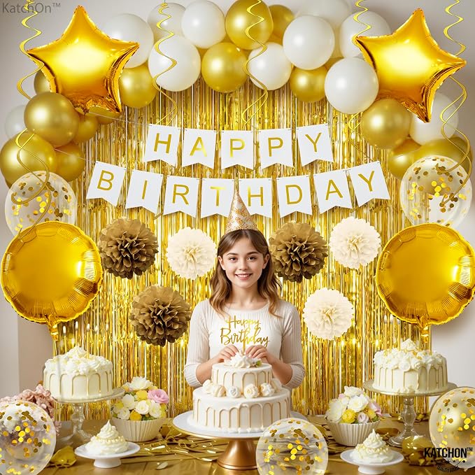 KatchOn, Gold Birthday Decorations Set - Pack of 45 | Happy Birthday Banner, Star Balloons, Pom Poms, Balloons for Gold Party Decorations | Bday Decorations for women, Men