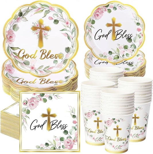 Ziliny 250 Pcs God Bless Baptism Party Tableware Set for 50 Guest First Holy Communion Decorations Pink Eucalyptus Leaves Paper Plates Napkins and Cups for Christening Baby Shower Religious