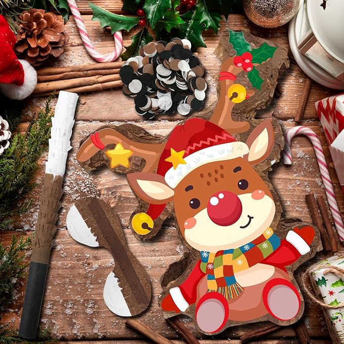 15.1'' Christmas Party Elk Piñata, 4 Pcs Xams Pinata Bundle, Winter Wonderland Party Decorations Elk Piñata Blindfold Stick etc