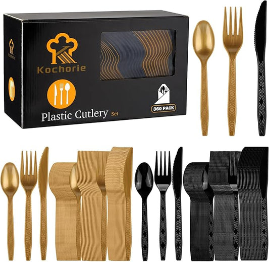 Kochorie 360 Pieces Graduation Party Plastic Cutlery Set Black and Gold Disposable Plastic Utensils Heavy Duty Flatware Set Include 120 Knives 120 Forks 120 Spoons for Graduation Wedding Birthday