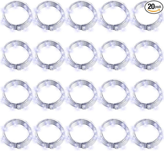 Hortsun 20 Packs Fairy Lights Battery Operated 3 Speed Modes, 7 Ft/ 2 M 20 LED Battery String Mini Waterproof Wire Twinkle Lights Bulk for Wedding Party Birthday Vases Decor (Cool White)