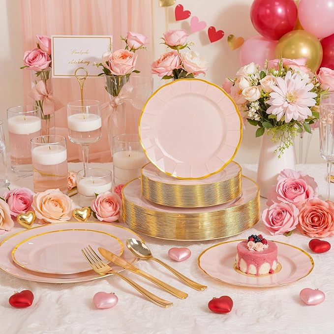 ejonirinjonir EI 150pcs Pink Plastic Plates with Gold Plastic Silverware,Pink Party Plates,Heavy Duty Plate Disposable,Gold Dinnerware Set for Birthday, Afternoon Tea,Wedding,Valentine's Day