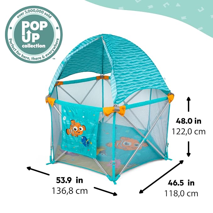 Bright Starts Disney Baby Finding Nemo Pop 'N Play Deluxe Portable Playard, Pop-and-Fold, Baby Beach Tent, UVA/UVB Protection, Indoor/Outdoor, 6 Months+