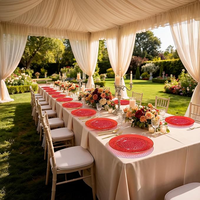 I00000 150Pcs Red Plastic Plates with Gold Rim,Fancy Plastic Plates,Red hammer patterned Disposable plates Set include 30 Dinner Plate,30 Dessert Plate,90 plastic Silverware Set for Valentine's Day