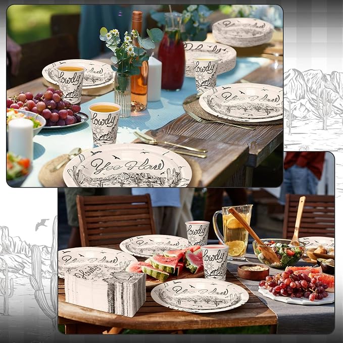 Pickmesh 250 Pcs Western Cowboy Cowgirl Party Decorations Black Wild West Disposable Tableware Set Howdy Yee Haw Paper Plates Napkins and Cups for Rodeo Birthday Baby Shower Party Decorations Serve 50