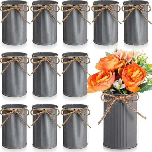 Rustic Vase for Table Centerpieces 4.33 Inch Small Petite Flower Vase with Twine Bow Vintage Farmhouse Decor for Wedding Reception Dining, Home Galvanized Metal Buckets(Gray,12 Pcs)