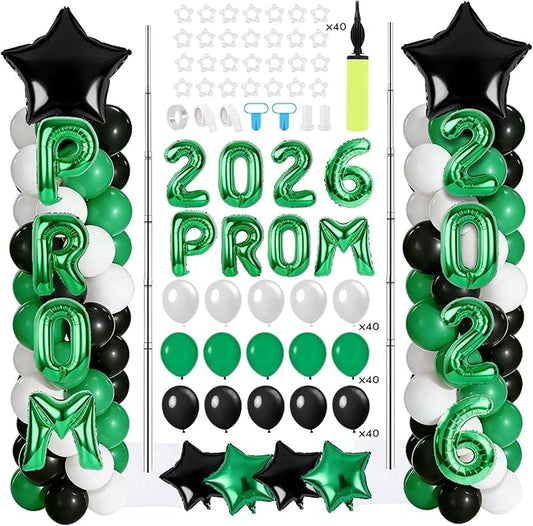 2 Sets Graduation Balloon Column Stand Kits with 132 PCS Black Green White Latex Balloons 2026 Letters 6.5 Ft Adjustable Metal Tube Telescopic Tower Pillar with Base for Graduation Party Decoration