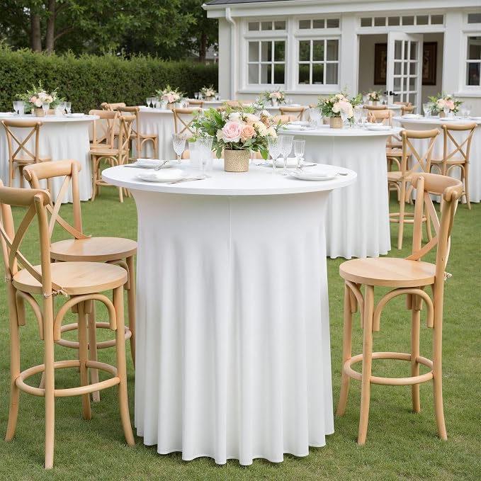 2pk White Cocktail Table Cloth Round 36×43in-High Top Highboy Bar Cocktail Tablecloths-Wrinkle Free Stretchy Fitted Spandex Table Covers with Ruffle Desk Skirt for Wedding Banquet Party Tables