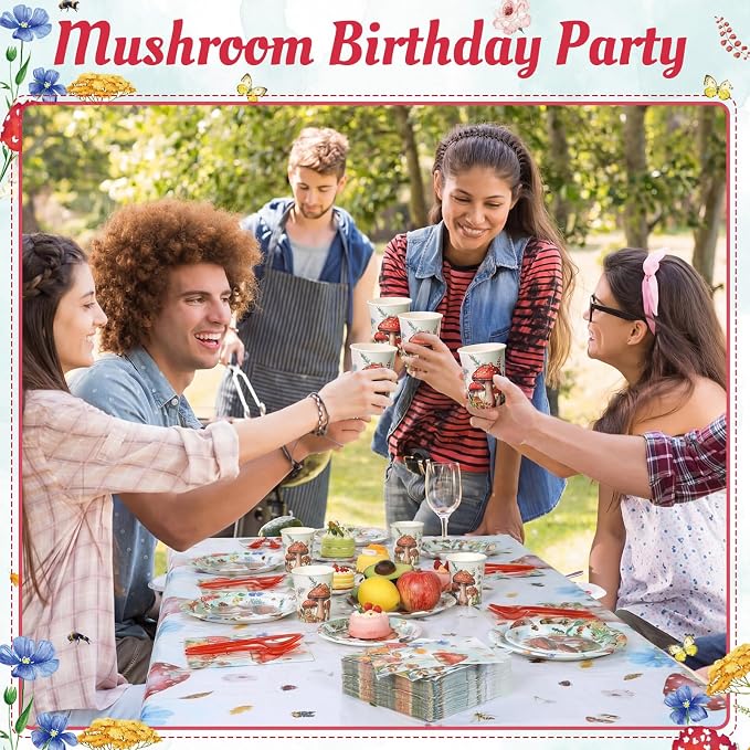 Funnymoom 452 Pcs Mushroom Party Decorations for 50 Guests, Red Watercolor Mushroom Paper Plates Napkins Cups Tablecloth Cutlery Straws for Fairy Tale Birthday Baby Shower Party Supplies