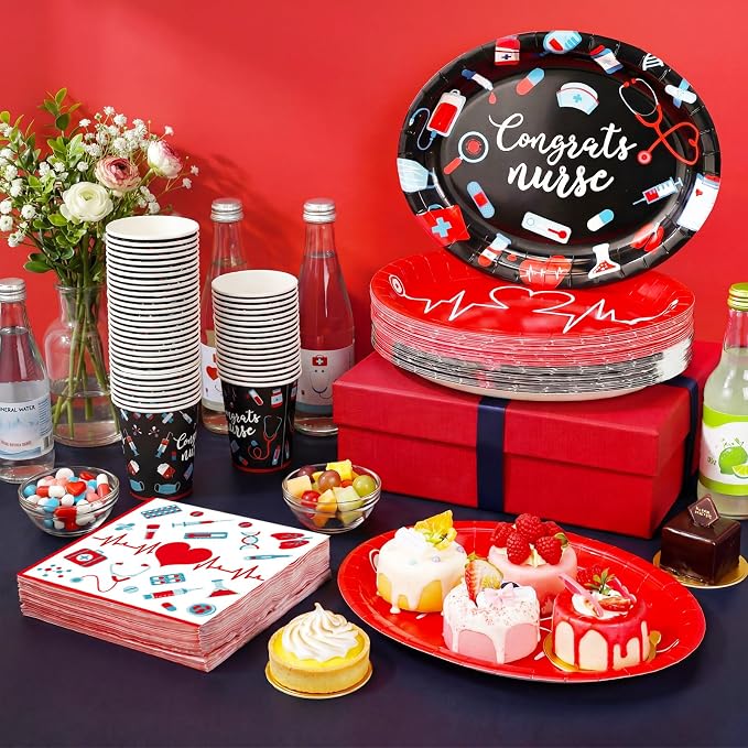 Vesici 150 Pcs Nurse Graduation Party Supplies Congrats Nurse Tableware Set Oval Paper Plate Cup and Napkin 10" x 12" Large Heavy Duty Disposable Plate for Rn School Graduation Celebration, Serves 50