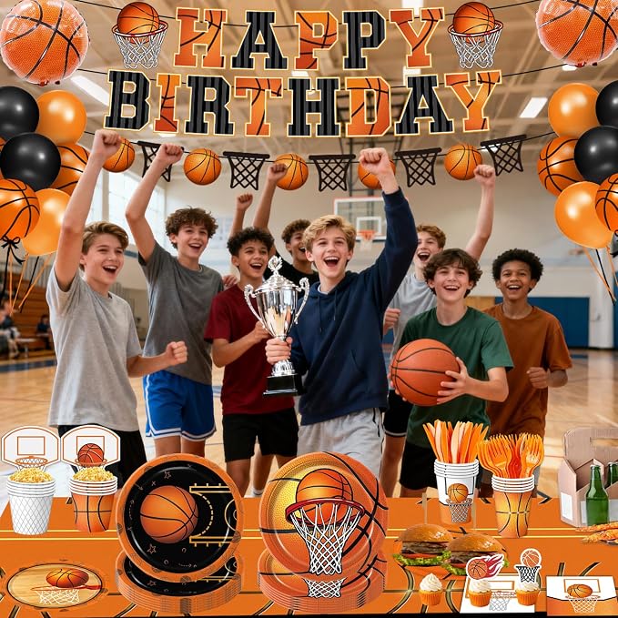 202 PCS Basketball Birthday Party Decorations - Plates, Napkins, Cups, Basket Card, Banner, Balloons, Cake & Cupcake Toppers, Tablecloths, Cutlery for Basketball Party Decorations, Serves 24