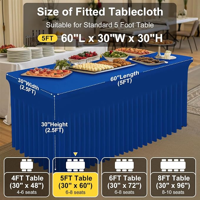 Smiry Spandex Tablecloth, Elastic Fitted Stretch Tablecloth for 5FT Rectangle Tables, Waterproof Washable Table Cover Skirt for Outdoor, Wedding, Banquet & Parties (Blue, 60Lx30Wx30H Inch)