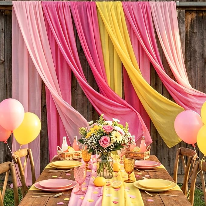 Boao 6 Pcs Pink and Yellow Party Decorations Table Runner Cloth 10ft Lemon Summer Freshly Graduation Decorations Rustic Fabric for Pink and Yellow Wedding Birthday Party Baby Bridal Shower Decor