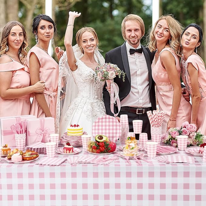 Funnymoom 452 Pcs Pink Gingham Party Supplies for 50 Guests, Pink Gingham Paper Plates Napkins Cup Tablecloth Disposable Tableware for Wedding Bridal & Baby Shower Party BBQ Picnic Birthday Decoration