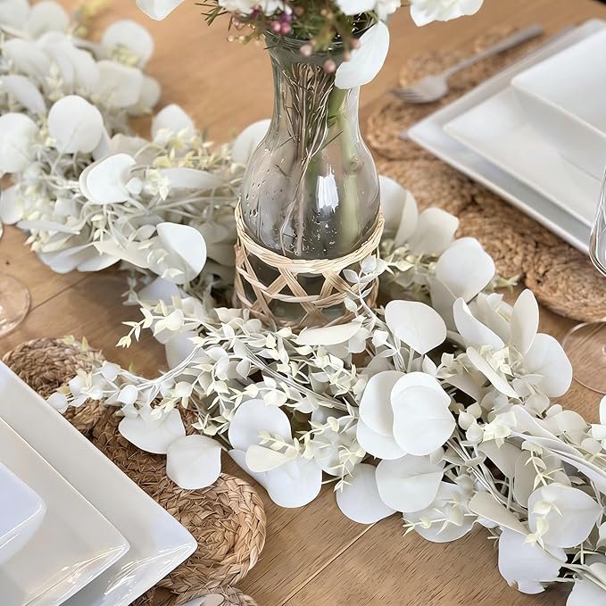 CQURE 3Pcs Eucalyptus Garland,Artificial Eucalyptus Leaves Table Greenery Garland Wreath Vines for Wedding Party Table Fireplace Bedroom Wall Room Decor