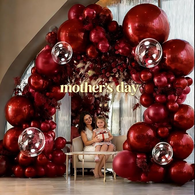 Burgundy Balloon Arch Double Stuffed Dark Ruby Red Balloon Garland Kit Wine Red Maroon Balloons Clear Balloons for Birthday Wedding Bridal Mothers Day Anniversary Engagement Baby Shower Party Decor