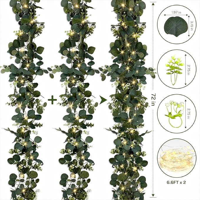 Eucalyptus Garland with Lights, 2 Packs 6FT Artificial Lighted Garland, Spring Summer Green Faux Garlands for Indoor Outdoor Home Decor Table Runner Wedding Arches Centerpieces Backdrops Decor