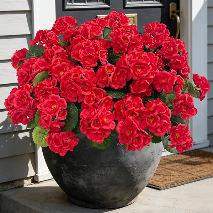 Ouddy Decor Artificial Geranium Flowers for Outdoors, Fake Silk Flowers UV Resistant Faux Geraniums for Vase Planter Garden Patio Balcony Porch Indoor Outdoor Spring Summer Home Decor, 24 Pcs Red