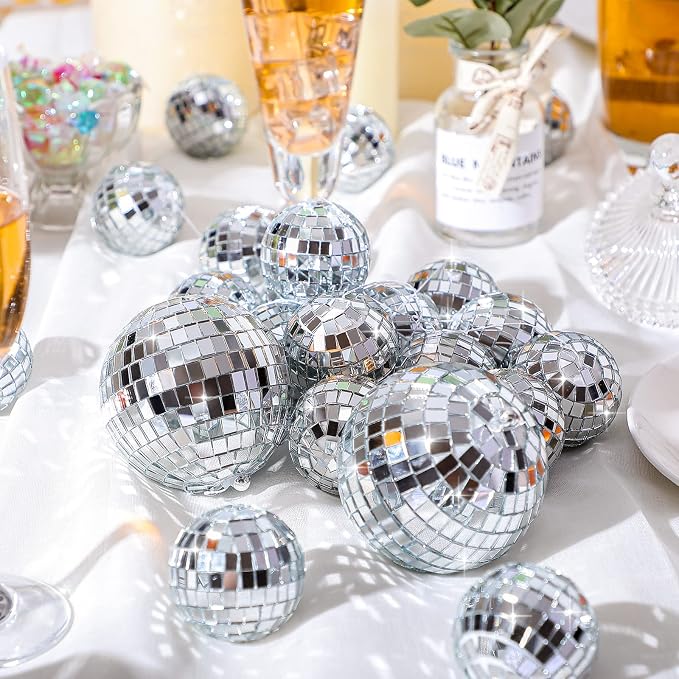 Sumind 8 Pack Disco Party Decorations Mini Disco Ball Garlands Silver Mirror Ball Hanging Banner Silver Streamer Curtains for Birthday Wedding Christmas Party Backdrop Supplies(2 Inch, 3 Inch)