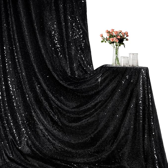 PartyDelight Black Sequin Backdrop Curtains 2x8ft 4 Panels | 3mm stitched sequin curtain with 4 inch rod pocket for 2x8ft 4 panel fuller wall coverage pleated backdrop and 8ft stand