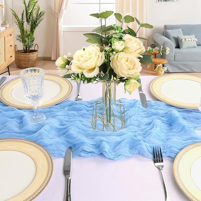 6 Pack 10FT Baby Blue Cheesecloth Table Runner 120 Inch Long Gauze Rustic Boho Spring Cheese Cloth Table Runner Sheer Fabric Decorations for Holiday Party Wedding Banquet Bridal Baby Shower Décor
