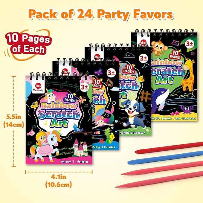 Mocoosy 24 Pack Scratch Art Party Favors for Kids Ages 4-8-12, Birthday Goodie Bag Stuffers, Rainbow Scratch Notebook Bulk, Coloring Books Art Craft Supplies Toddler Boy Girl Gifts Classroom Prizes