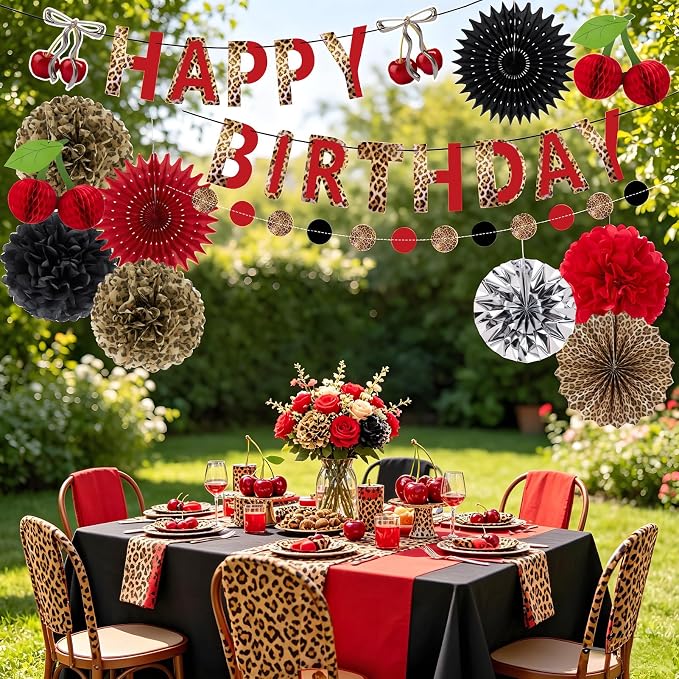 Cheetah Birthday Party Decorations Cherry Print Paper Fans Tissue Pom Pom Cherry Honeycomb Animal Print Birthday Banner Hanging Swirls Red Black Animal Print Party Decoration for Women Girls Birthday