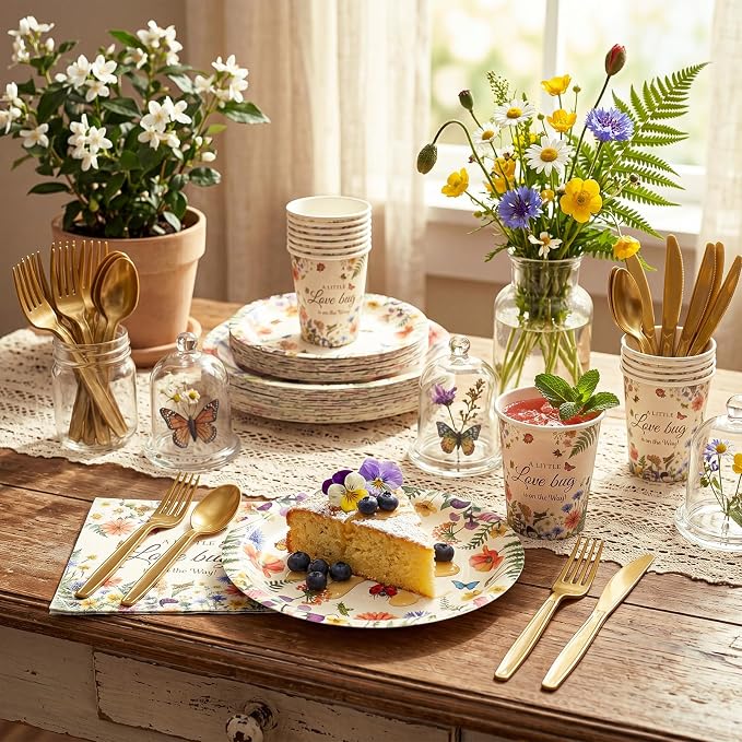 Ziliny 350 Pcs Love Bug Baby Shower Decoration Wildflower Baby Shower Paper Plates Napkins Tableware for Gender Reveal Newborn Party Serves 50 Guests