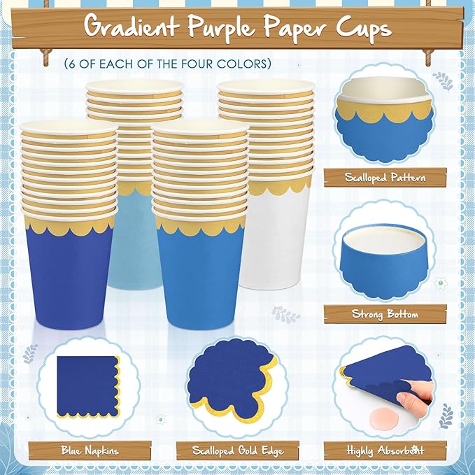Mimorou 169 Pcs Royal Blue and Gold Party Supplies for 24 Guests, Gradient Blue Scalloped Paper Plates Napkins Cups Gold Cutlery for Ocean Sea Graduation Baby Shower Birthday Wedding Party Decorations