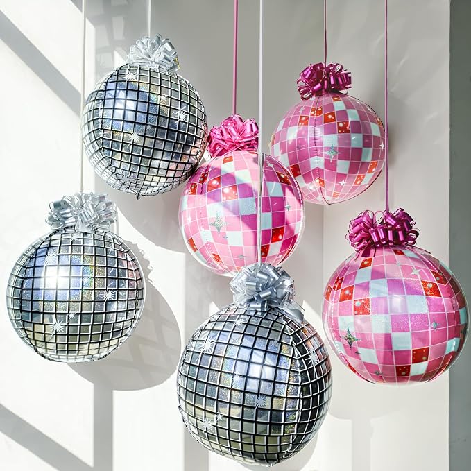 6 Pack 4D Disco Ball Ornament Balloons with 12 Pull Ribbon Gift Bows – Y2K Ceiling Hanging Balloon Set for Prom, Disco Party, Cowgirl Retro Party & Bachelorette Decorations