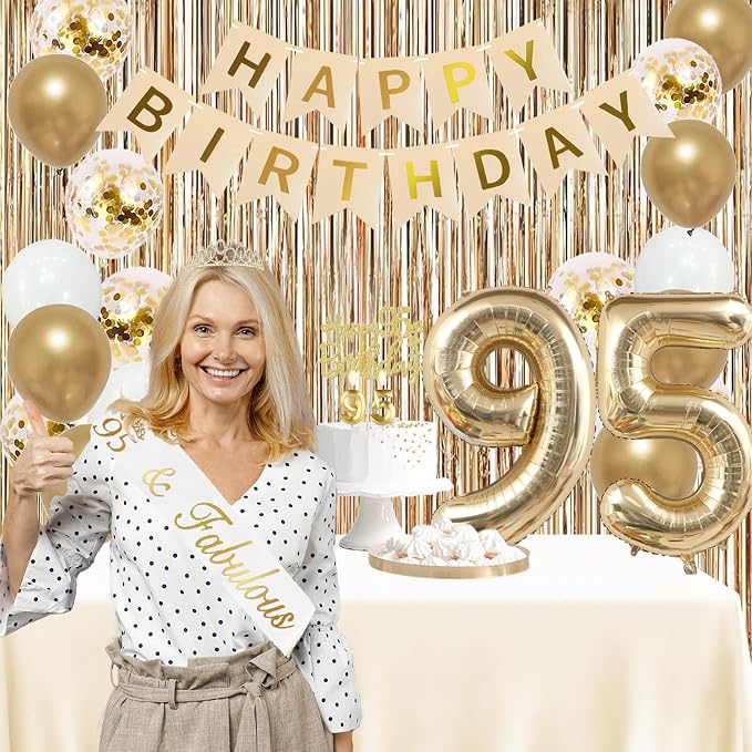 Trgowaul 95th Birthday Decorations for Women, Banner, Sash and Crown, Cake Topper, 95 Number Balloon, Fringe Curtains, Champagne Gold 95th Birthday Party Supplies