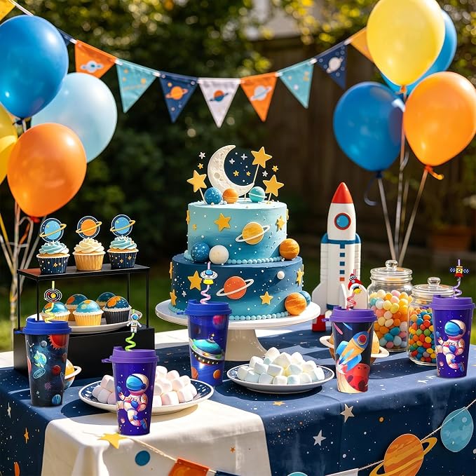 24 Sets Space Birthday Party Decorations Cups with Lids and Straws,16 oz Outer Space Party Favors for Kids, Galaxy Party Supplies Gifts