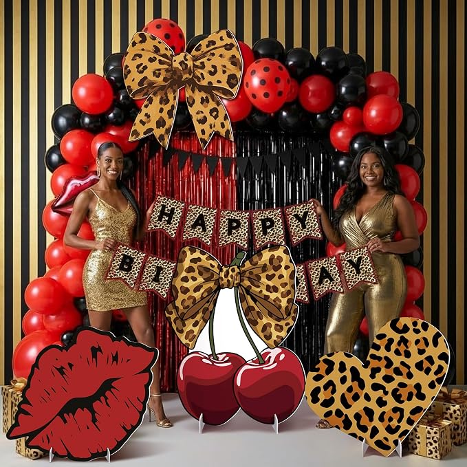 4 Pcs Large Red Cheetah Print Birthday Decoration, Y2k Leopard and Cherry Cardboard Cutout, Red and Black Cherry Cardboard Cutout Backdrop Yard Signs for Girls Women Birthday Party Supplies
