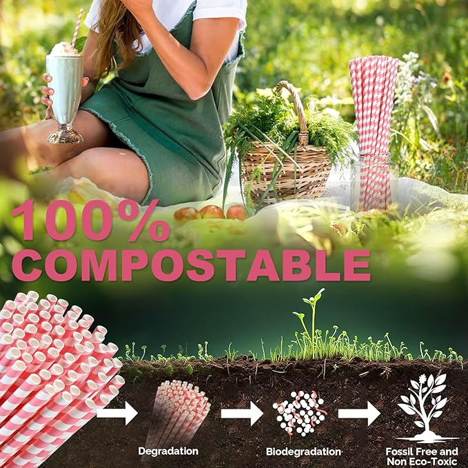 14 inch Extra Long Disposable Pink/White Striped Paper Drinking Straws 0.31" Wide - 100 Counts, Biodegradable