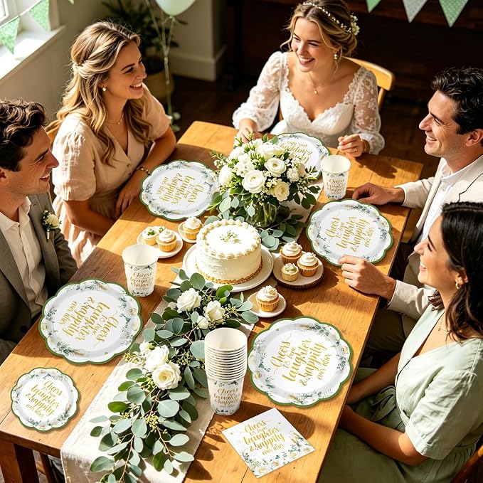 250Pcs Eucalyptus Leaves Bridal Shower Party Supplies Sage Green Cheers to Love Laughter and Happily Ever After Plates and Napkins for Wedding Engagement Party Decorations Serve 50