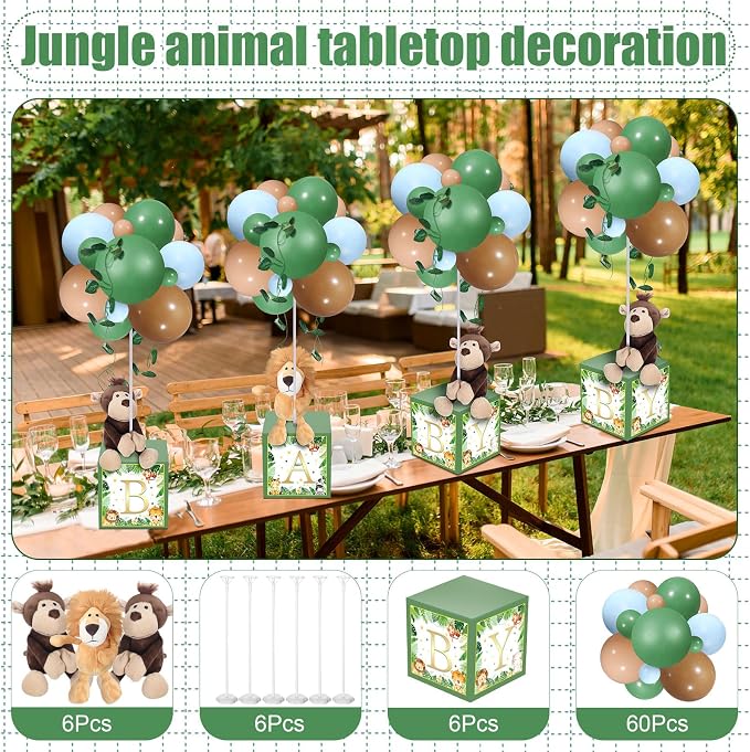 Lenwen 6 Sets Baby Letter Boxes Decorations Table Centerpieces for Baby Shower Gender Reveal,Bear Stuffed Animals Balloon with Stand Plush Toy Boxes for Birthday Party Wedding(Animals,Forest)