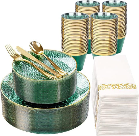 DaYammi 350 Pcs Clear Green Gold Plastic Plates, Hammered Disposable Dinnerware, Clear Green Plates Set Include 100 Plastic Platos, 150 Gold Disposable Silverware, 50 Cups and 50 Napkins for Party